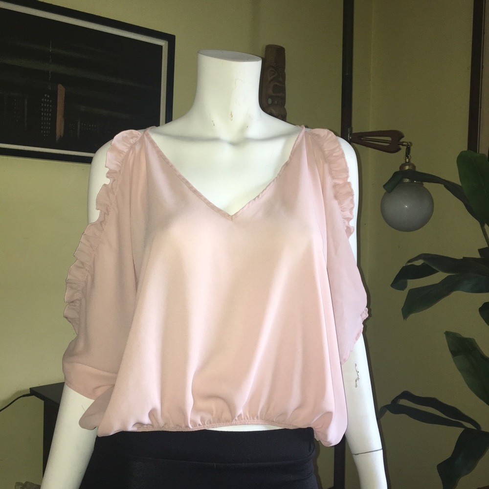 Sexy chic pink ruffle crop blouse glam cold shoulder boho shirt coquette